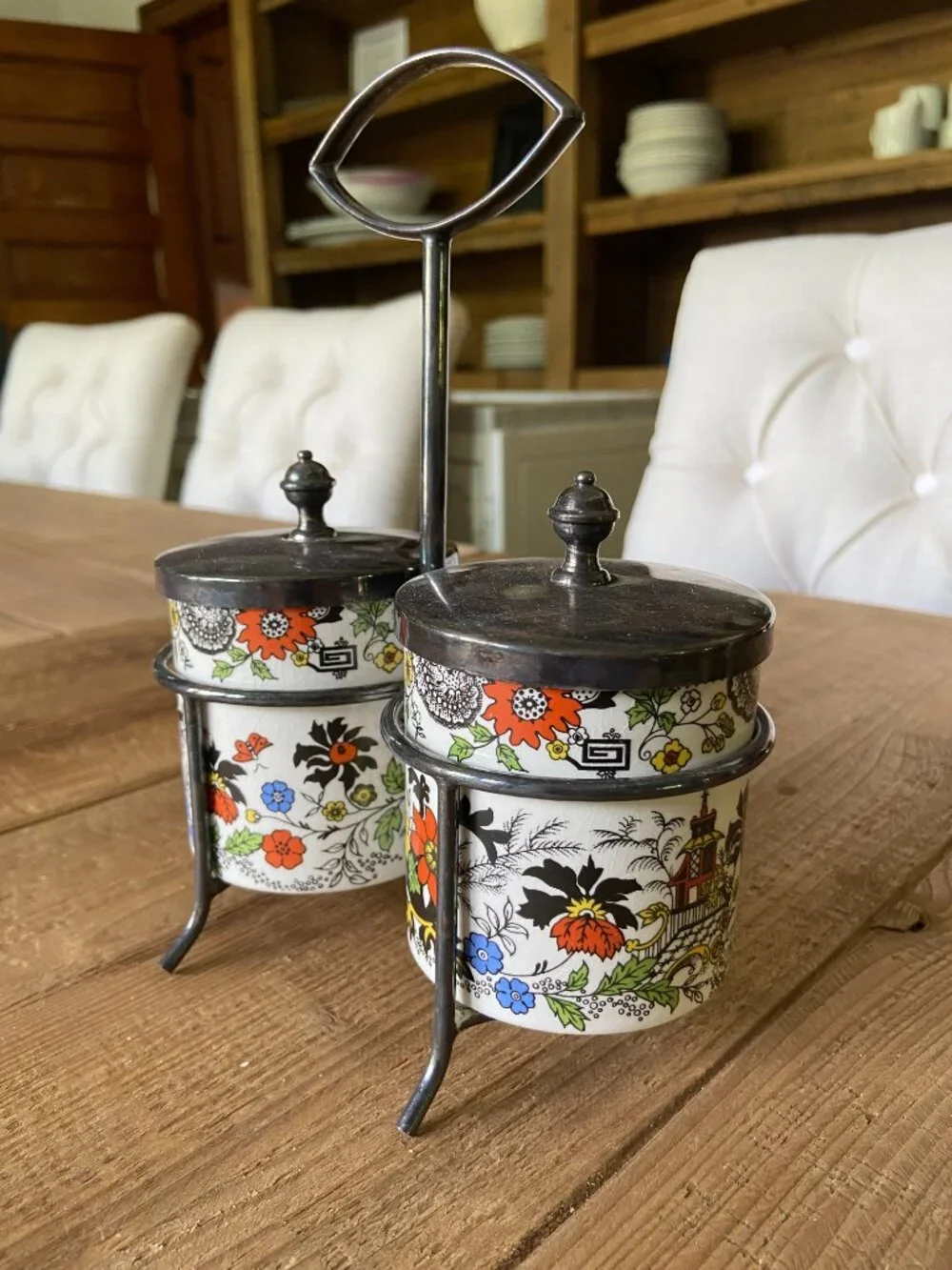vintage porcelain condiment jar set, retro porcelain kitchen canister set